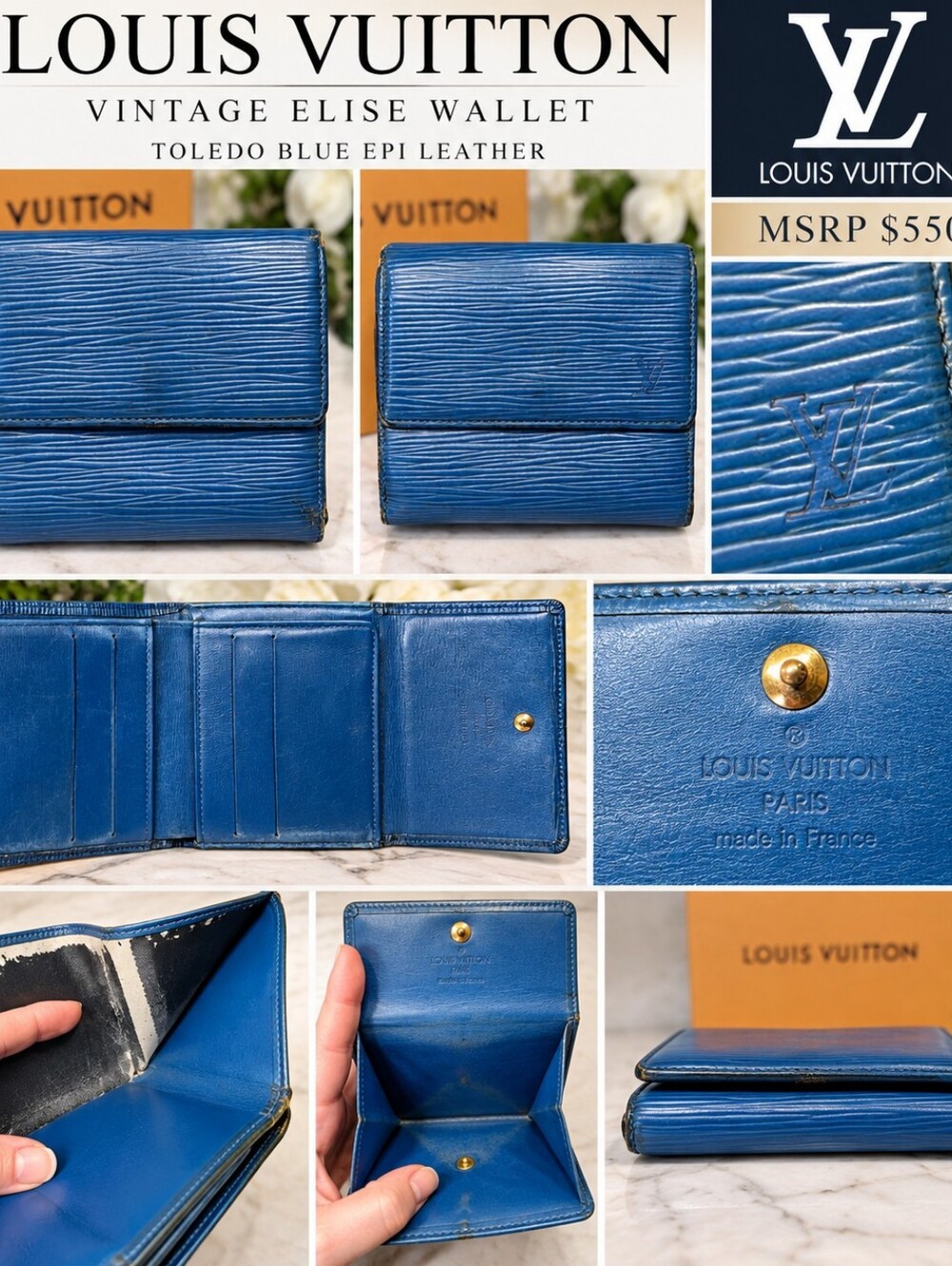 Vintage Louis Vuitton Toledo Blue Epi Leather Elise Wallet - MSRP $550 - AS IS